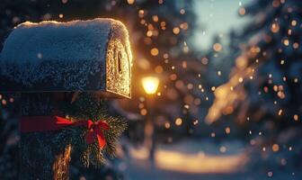 A mailbox with a red ribbon and a wreath on it photo