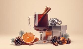 A glass of mulled wine with cinnamon sticks and oranges on a table photo
