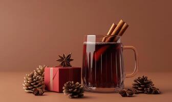 A glass of mulled wine with cinnamon sticks and pine cones on a table photo