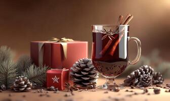 A glass of mulled wine sits on a table next to a red box photo
