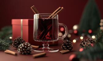 A glass of red liquid with cinnamon sticks in it is on a table next to a red box photo