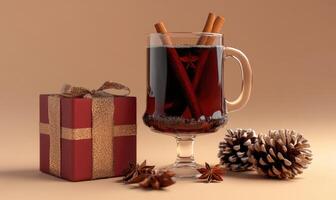 A glass of mulled wine sits on a table next to a red box photo