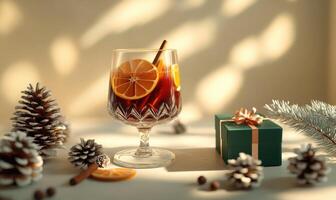 A glass of wine with orange slices and cinnamon sticks on a table photo