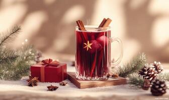 A glass of mulled wine with cinnamon sticks and a red box on a table photo