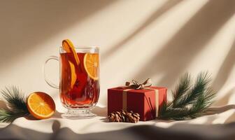 A red box with a ribbon sits on a table next to a glass of tea with orange slice photo
