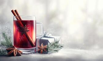 A glass of red drink with cinnamon sticks in it is on a table next to a white bo photo
