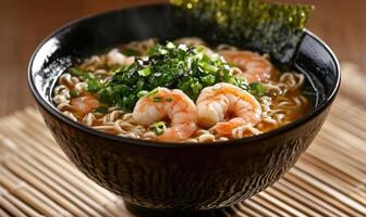 A bowl of ramen soup with shrimp and green vegetables photo
