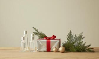 A silver box with a red ribbon sits on a table next to three clear bottles photo