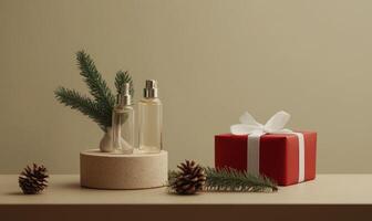A red box with a white ribbon sits on a table next to two bottles of perfume photo