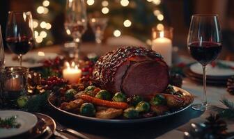 A Christmas dinner with a ham roast, vegetables, and wine photo