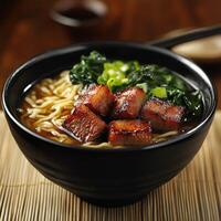 A bowl of soup with meat and vegetables in it photo