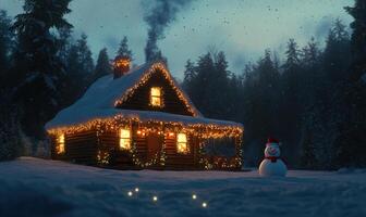 A cozy log cabin with a snowman standing in front of it photo