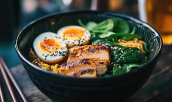 A bowl of food with chicken, eggs, and spinach photo