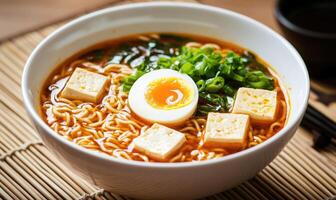A bowl of ramen with egg and tofu photo