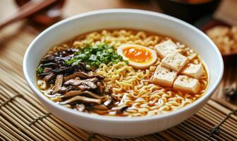 A bowl of ramen with egg and tofu photo