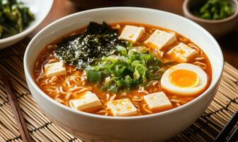 A bowl of ramen soup with egg and green onions photo