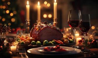 A table with a large roast turkey and a variety of vegetables, including carrots photo