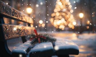 A bench covered in snow with a red ribbon tied to a pine tree branch photo