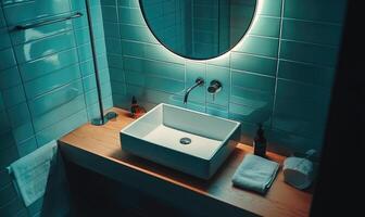 A bathroom sink with a white basin and a mirror above it photo