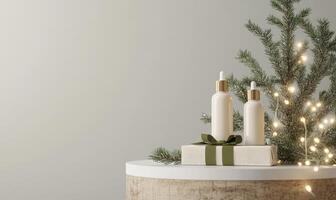 A white bottle with a green ribbon sits on a table next to a Christmas tree photo