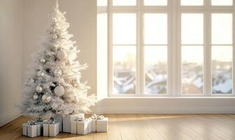 A white Christmas tree with a lot of ornaments sits in front of a window photo