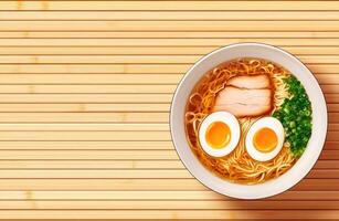 A bowl of ramen with eggs and meat in it sits on a wooden table photo