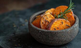 A bowl of roasted carrots with a sprig of rosemary on top photo