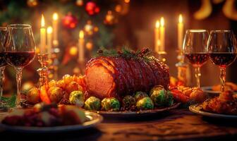 A table with a large roast and a variety of vegetables, along with wine glasses photo