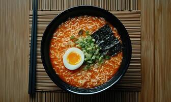 A bowl of ramen with egg and green onions photo