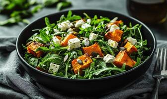 A bowl of salad with spinach, carrots, and feta cheese photo