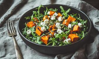 A black bowl filled with a salad of carrots and spinach photo