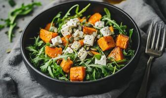 A black bowl filled with a salad of vegetables and cheese photo