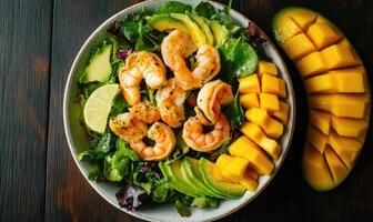 A bowl of shrimp salad with avocado and a slice of mango on a wooden table photo