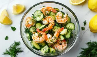 A bowl of shrimp and cucumber salad with lemon slices on the side photo