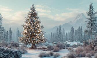 A Christmas tree is lit up in a snowy field photo