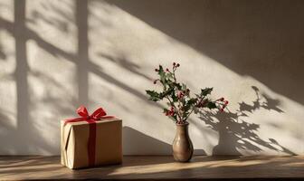 A brown box with a red ribbon sits on a table next to a vase of red berries photo