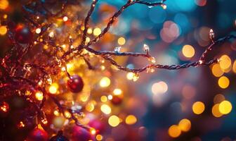 A tree with lights on it and a few red balls hanging from it photo