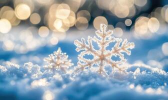 A snowflake is on the ground in front of a blurry background photo