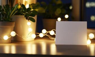 A white card sits on a table next to a potted plant and a string of lights photo