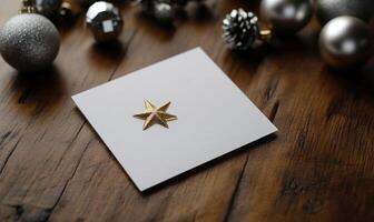 A white card with a gold star on it sits on a wooden table photo