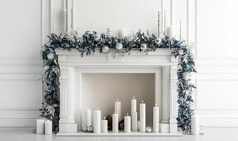 A fireplace with a blue and white mantle and a white mantle photo