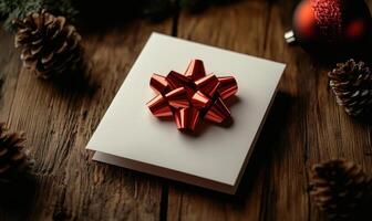 A red bow is on top of a white card photo