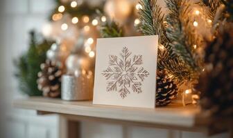 A white card with a snowflake on it sits on a shelf next to pine cones photo
