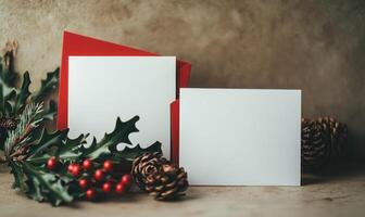 A white card with red trim sits on a table next to a red card photo
