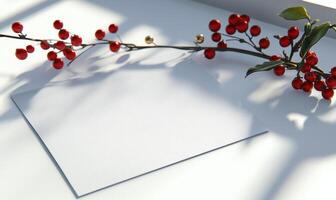A white card with a red border sits on a table next to a branch of red berries photo
