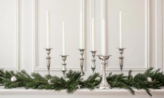 A row of candles are lit on a mantle, with a pine branch in the foreground photo