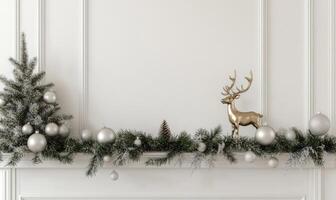 A white mantle with a Christmas tree and a deer ornament photo