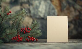 A white card is sitting on a table next to a Christmas tree photo