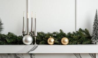 A mantle with a Christmas tree and candles photo