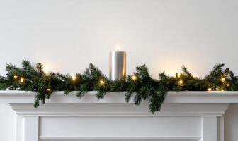 A white mantle with a silver candle on it photo